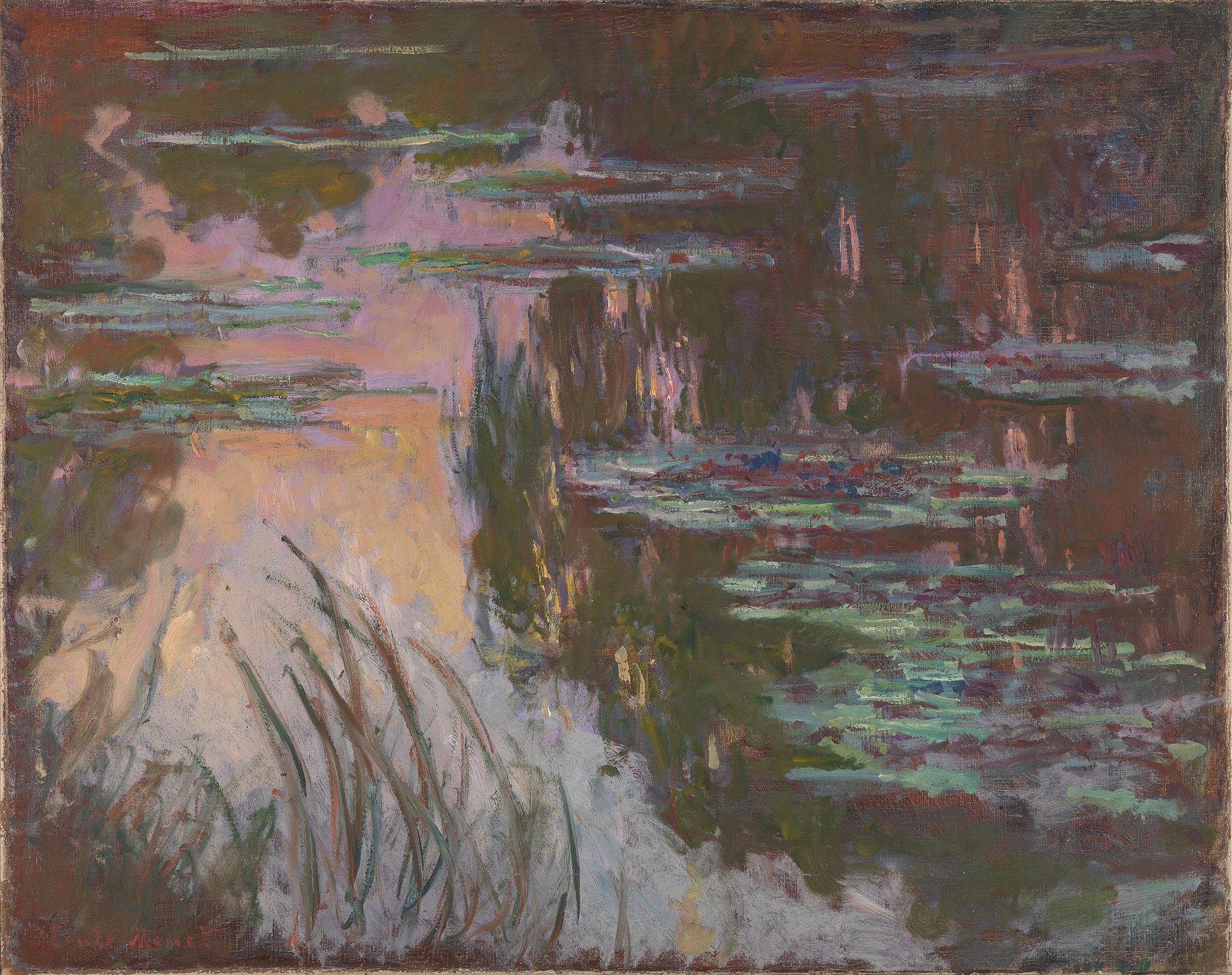 Click numbered symbols to learn about their meaning Water-Lilies, Setting Sun by Claude Monet (about 1907) featuring Sunset reflection column, Water-lily pads (horizontal bands), Willow reflections (dark verticals), Reeds/grass at the bank