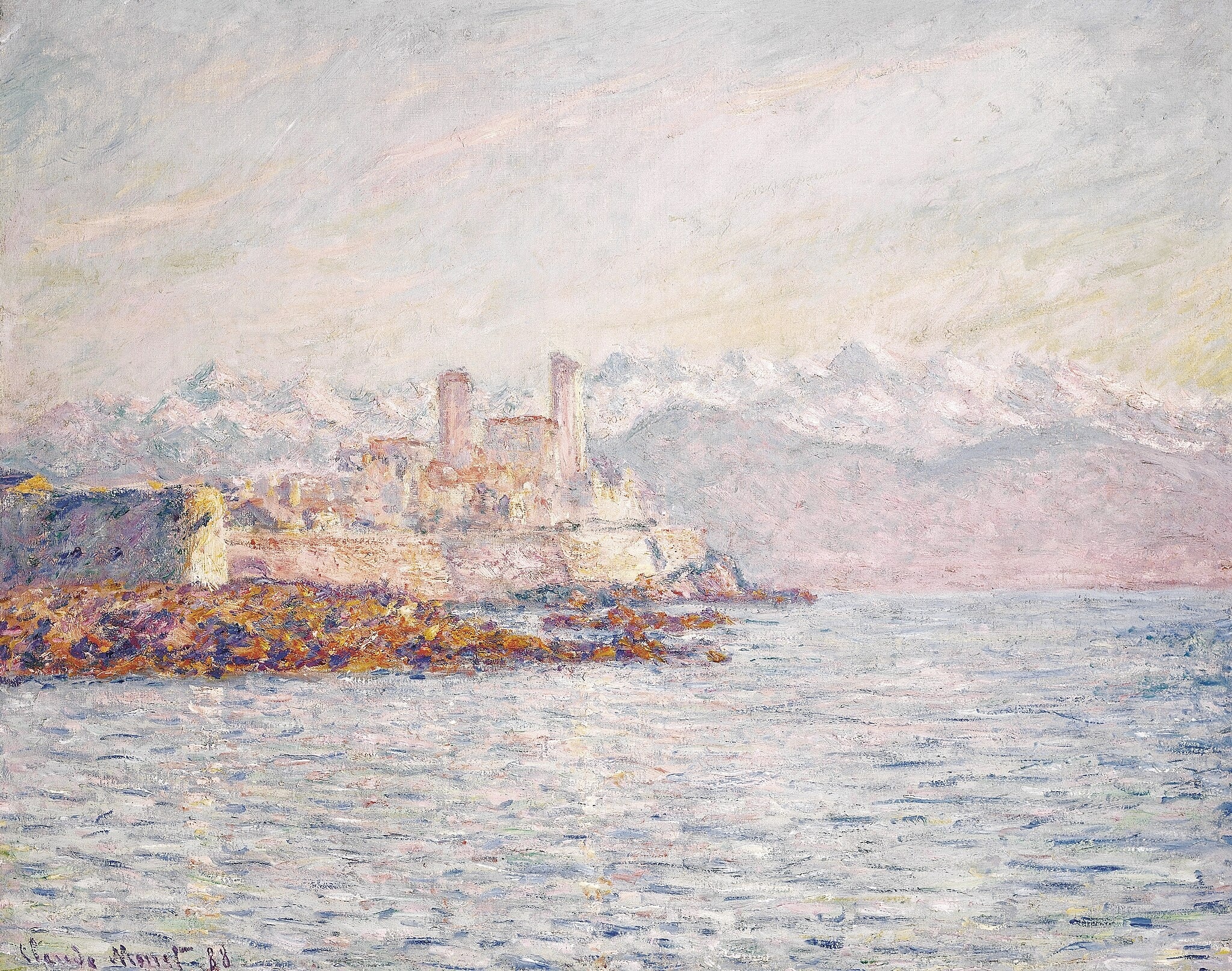 Click numbered symbols to learn about their meaning Antibes by Claude Monet (1888) featuring Fortified towers and ramparts, Mediterranean sea, Southern light/sky, Alps on the horizon