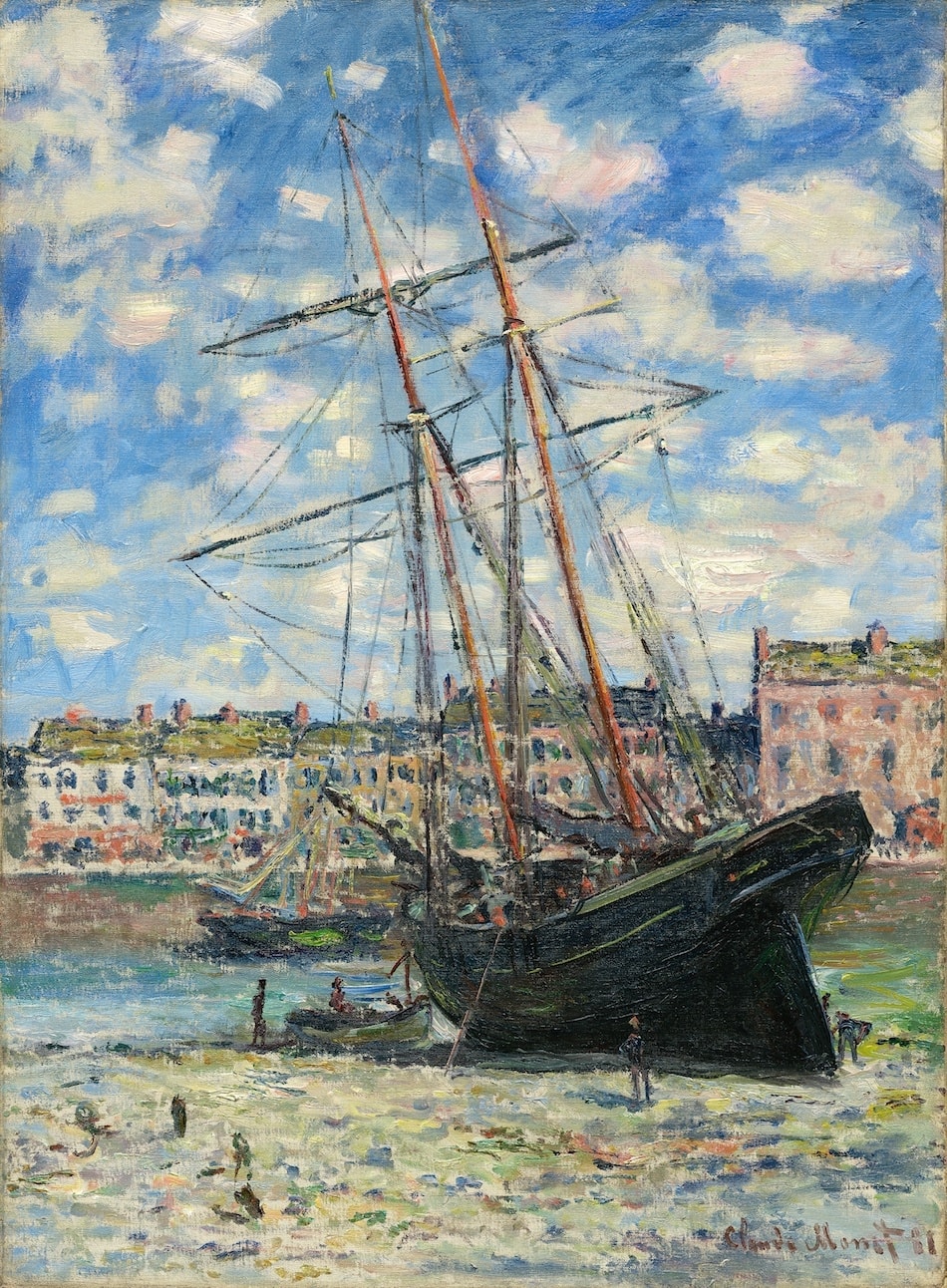Click numbered symbols to learn about their meaning Boat Lying at Low Tide by Claude Monet (1881) featuring Exposed keel and grounded hull, Masts and rigging diagonals, Low‑tide strand with seaweed and shells, Workers and skiff