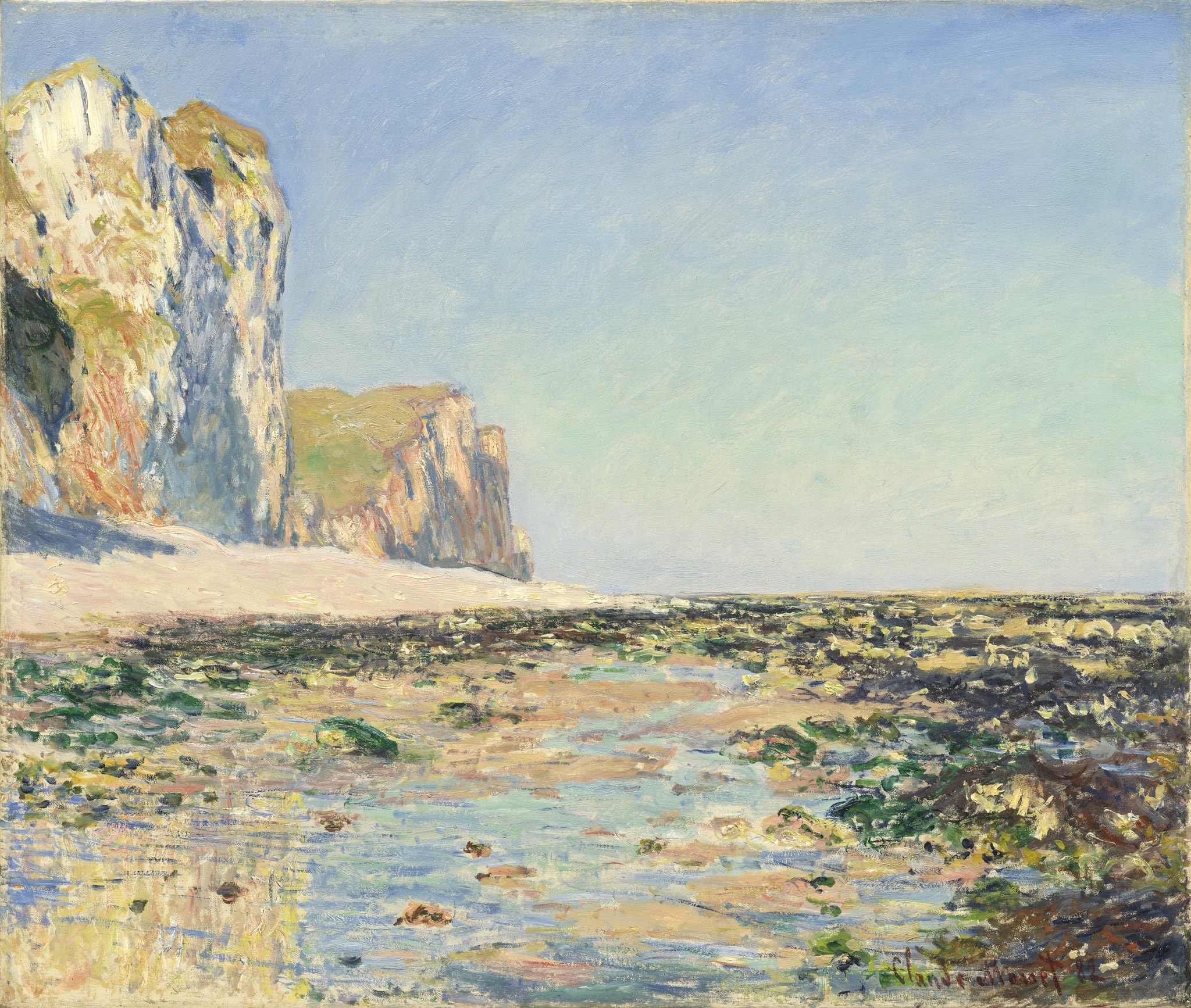 Click numbered symbols to learn about their meaning Seashore and Cliffs of Pourville in the Morning by Claude Monet (1882) featuring Chalk Cliffs, Morning Sky, Tide Pools as Mirrors, Exposed Seaweed and Rock Ledges (Low Tide)