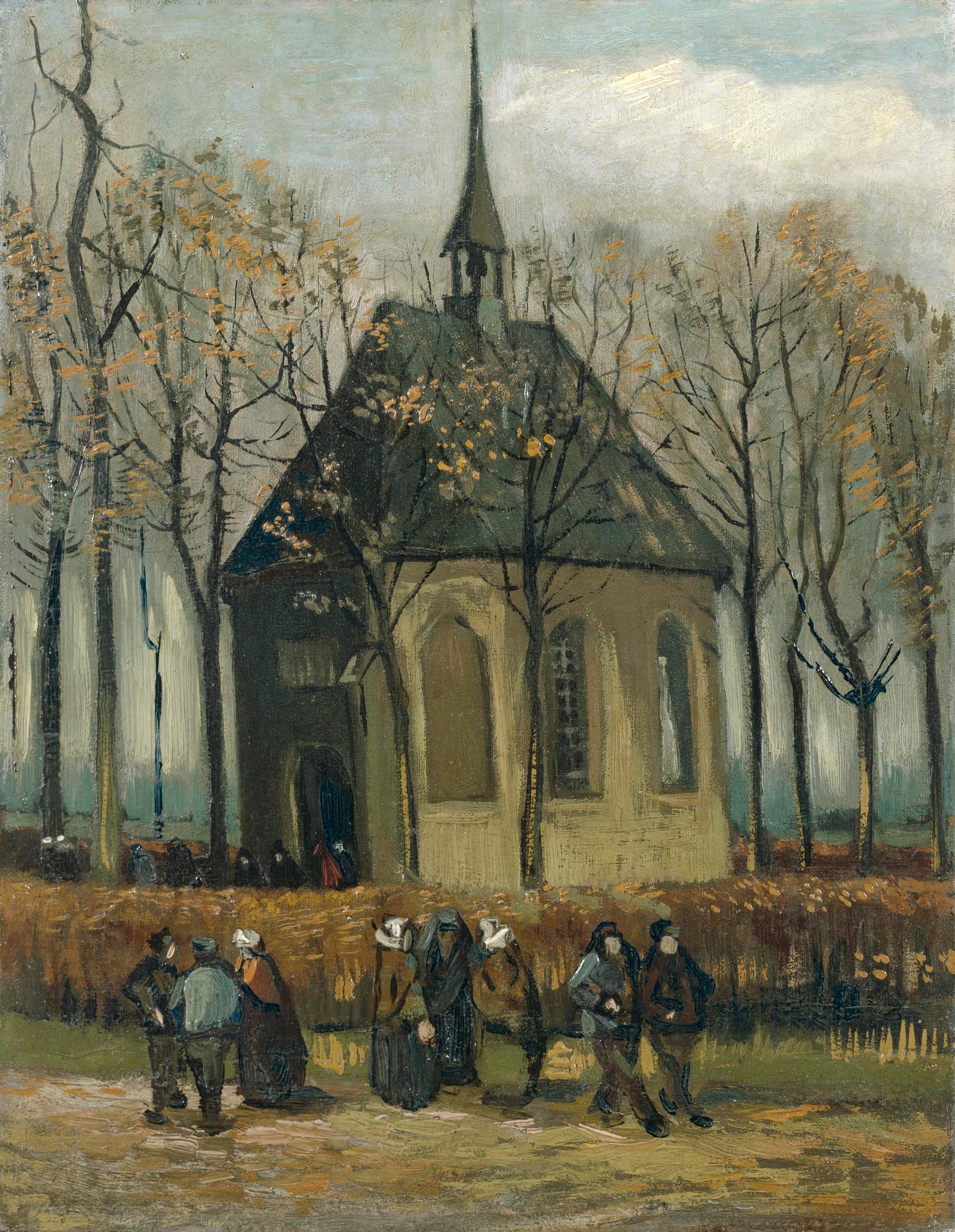 Click numbered symbols to learn about their meaning Congregation Leaving the Reformed Church in Nuenen by Vincent van Gogh (1884; reworked 1885) featuring Open church door, Clipped hedge, Procession in black shawls and white caps, Low steeple and bell-cote