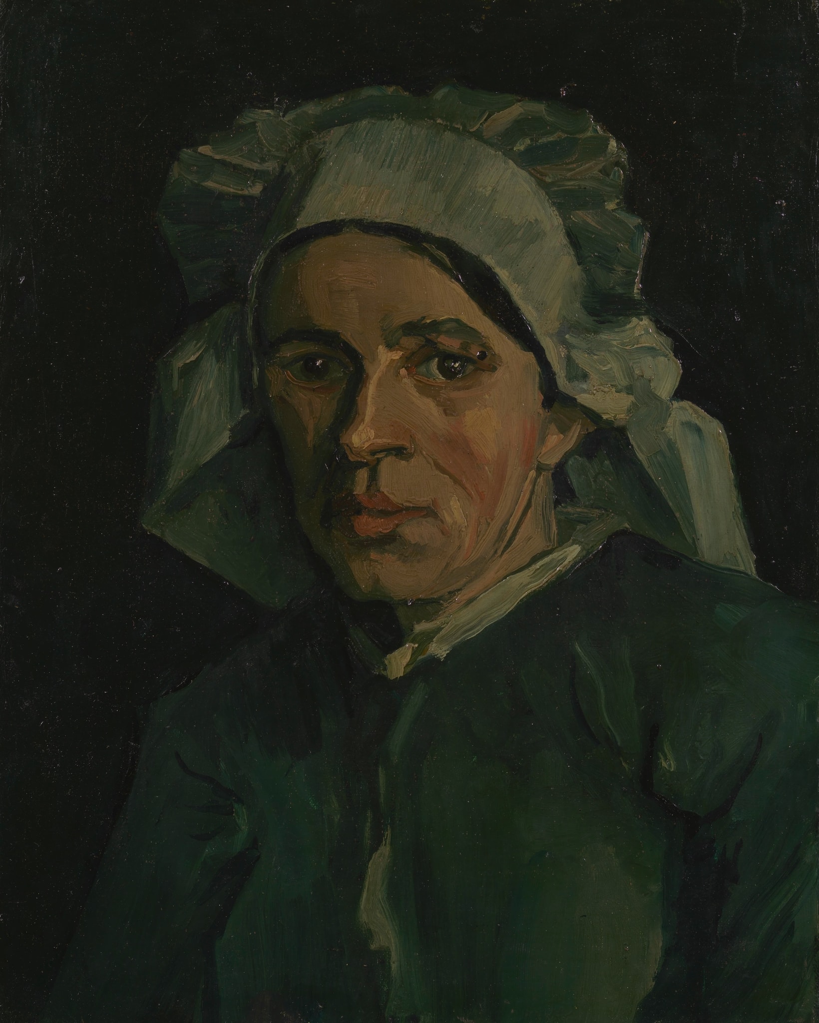 Click numbered symbols to learn about their meaning Head of a Woman by Vincent van Gogh (1885) featuring Near-black background, Earth-green garment, Peasant bonnet (white cap), Single-source raking light