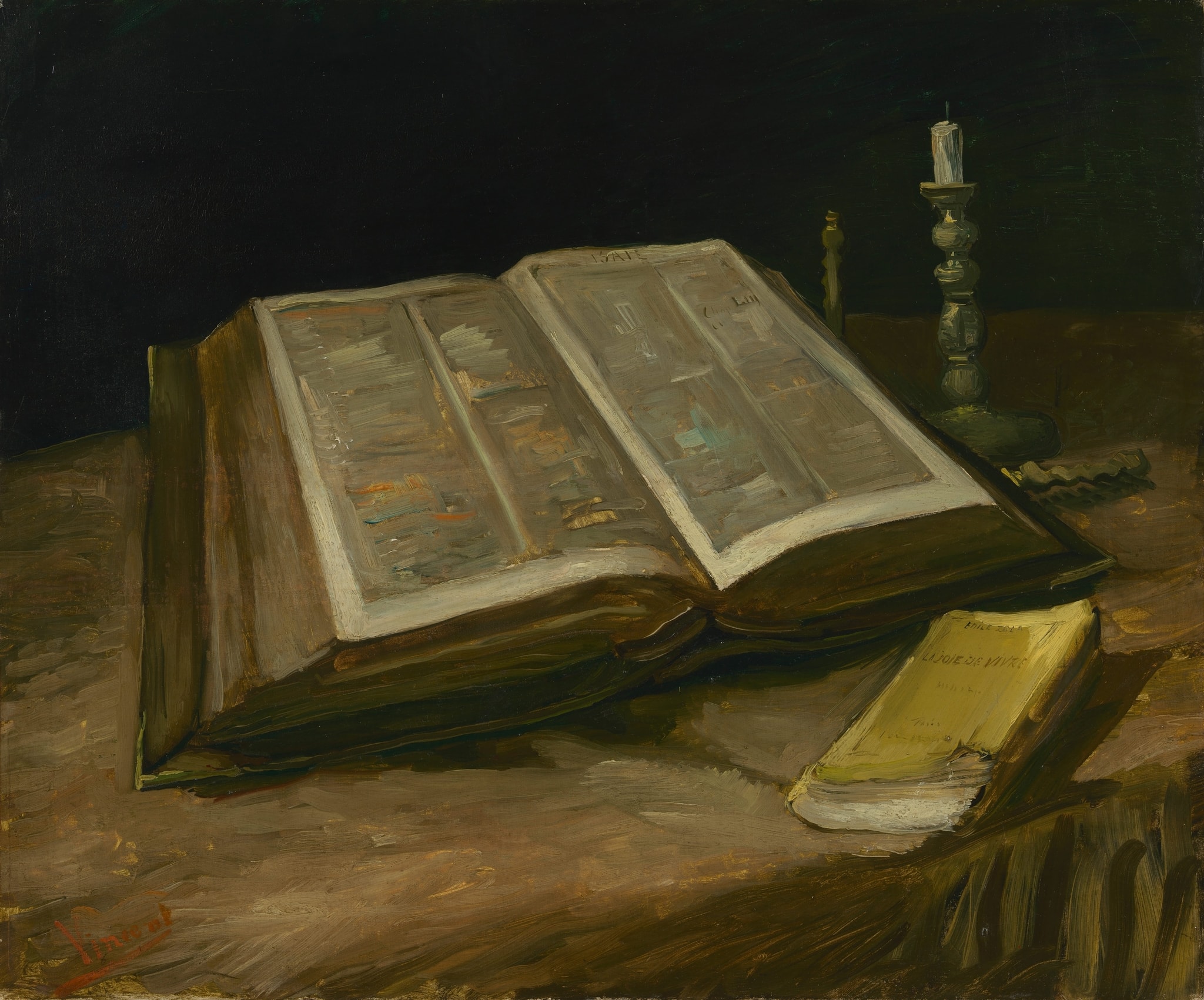 Click numbered symbols to learn about their meaning Still Life with Bible by Vincent van Gogh (1885) featuring Yellow paperback (Zola’s La joie de vivre), Open family Bible, Extinguished candle, Brass candlestick