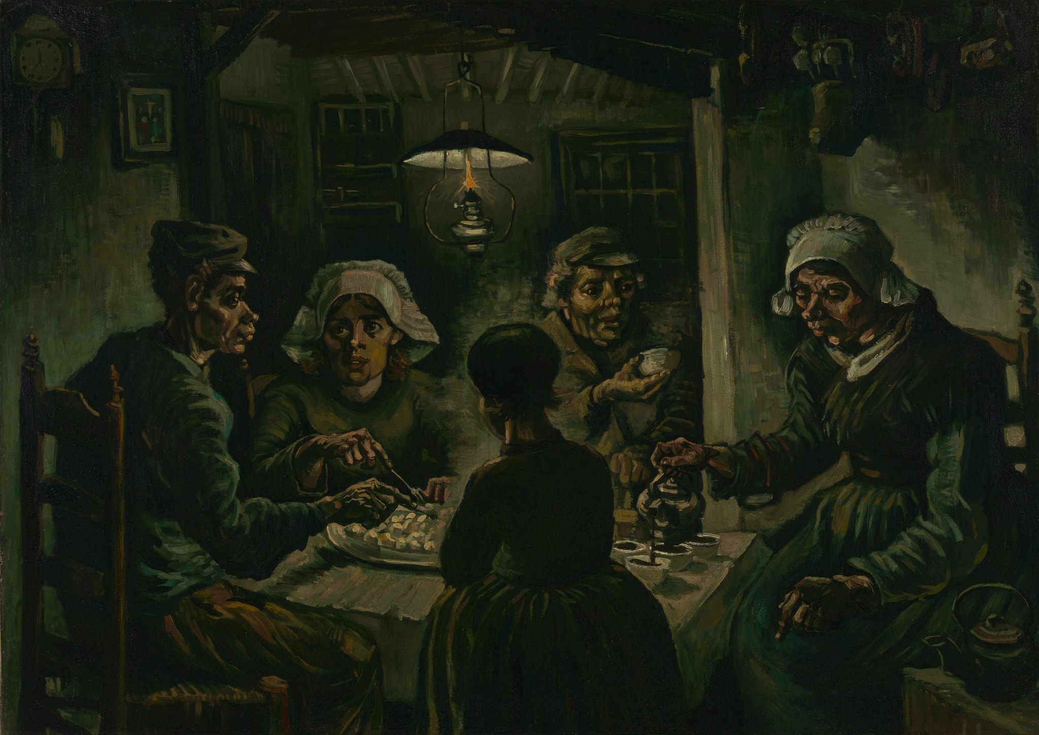 Click numbered symbols to learn about their meaning The Potato Eaters by Vincent van Gogh (1885) featuring Hanging oil lamp, Knotted, work-battered hands, Plate of potatoes, Coffee cups and pot