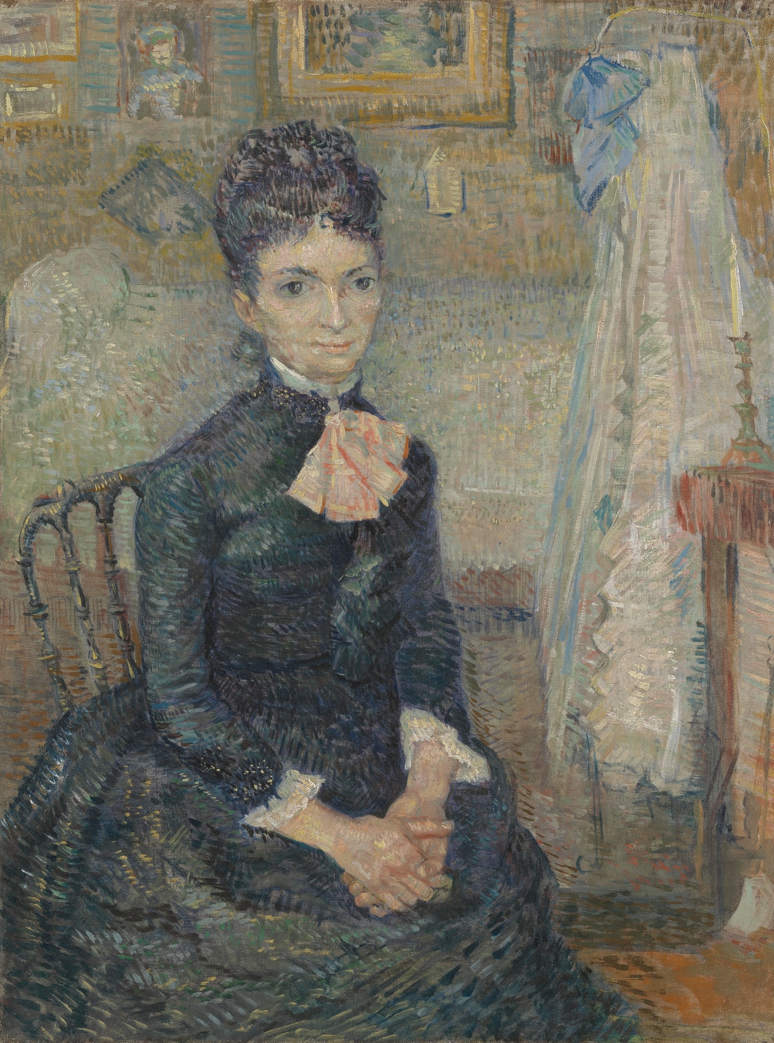 Click numbered symbols to learn about their meaning Portrait of Léonie Rose Charbuy-Davy by Vincent van Gogh (1887) featuring Cradle, Hearth/Mantel with Candle, Folded Hands and Upright Posture, Blue‑green Dress with High Collar and Pink Bow