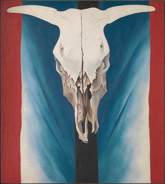 Click numbered symbols to learn about their meaning Cow’s Skull: Red, White, and Blue by Georgia O’Keeffe (1931) featuring Cow skull (white bone), Red side bands, Blue field/drapery, Black vertical bar (axis)