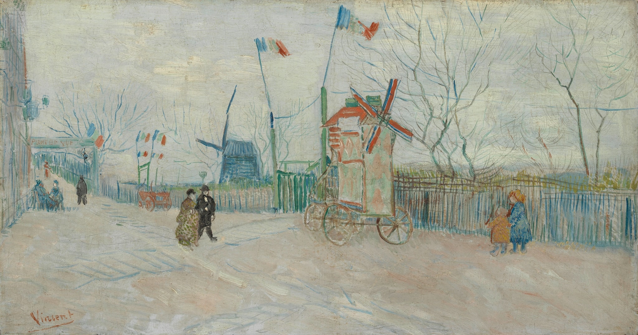 Click numbered symbols to learn about their meaning Impasse des Deux Frères in Montmartre by Vincent van Gogh (1887) featuring Wheeled windmill kiosk, Traditional windmills, Tricolor flags, Leafless trees