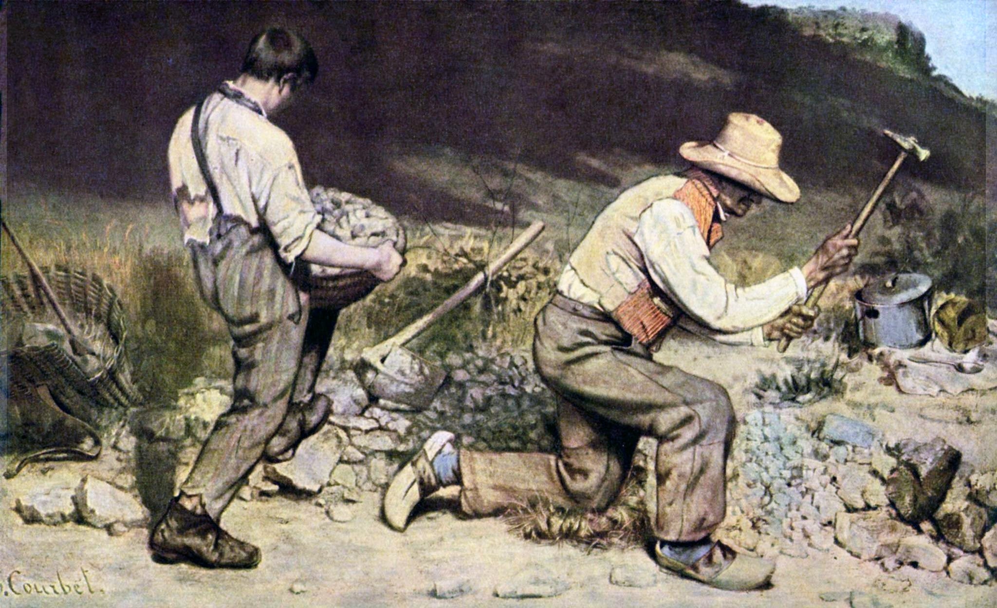 Click numbered symbols to learn about their meaning The Stone Breakers by Gustave Courbet (1849) featuring Footwear contrast (wooden clogs vs. worn leather shoes), Hammer and shattered stones, Wicker basket of rocks, Patched clothing and sagging suspenders