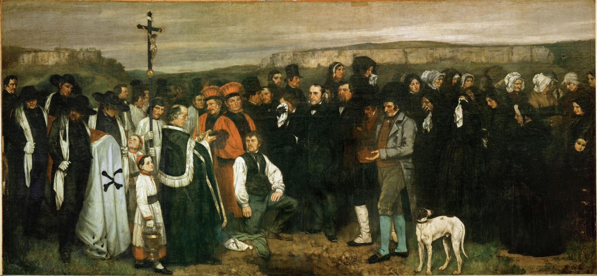 Click numbered symbols to learn about their meaning A Burial at Ornans by Gustave Courbet (1849–1850) featuring Dog, Open grave and skull, Processional crucifix, Kneeling gravedigger