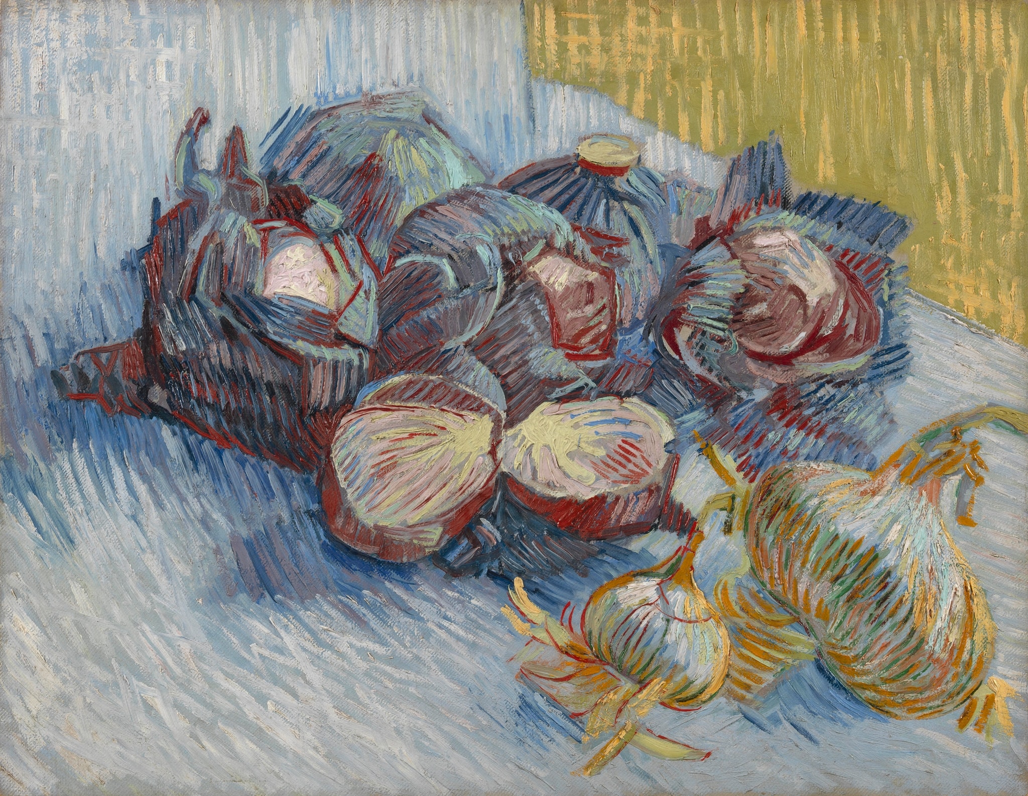 Click numbered symbols to learn about their meaning Red Cabbages and Onions by Vincent van Gogh (1887) featuring Layered red cabbages, Red contour halo, Complementary yellow vs. violet/blue clash, Sliced bulbs (garlic/onions) revealing cores