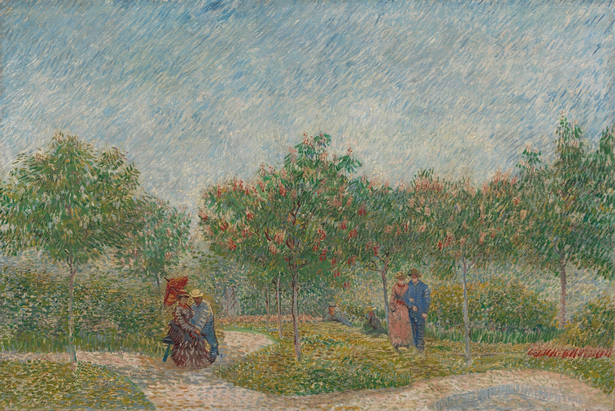 Click numbered symbols to learn about their meaning Garden with Courting Couples: Square Saint-Pierre by Vincent van Gogh (1887) featuring Curving, intersecting paths, Flowering chestnut trees, Courting couples, Red parasol