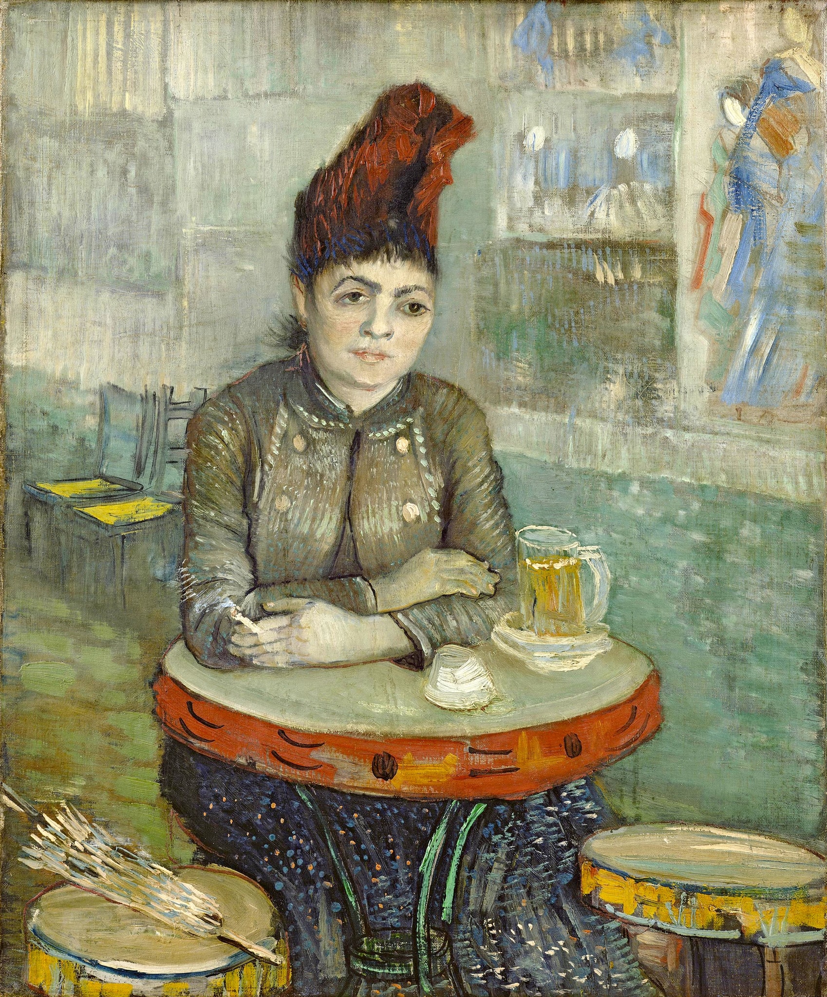 Click numbered symbols to learn about their meaning In the Café: Agostina Segatori in Le Tambourin by Vincent van Gogh (1887 (Jan–Mar)) featuring Parasol set aside, Tambourine-like café table, Red flame-plume hat, Beer with foaming head