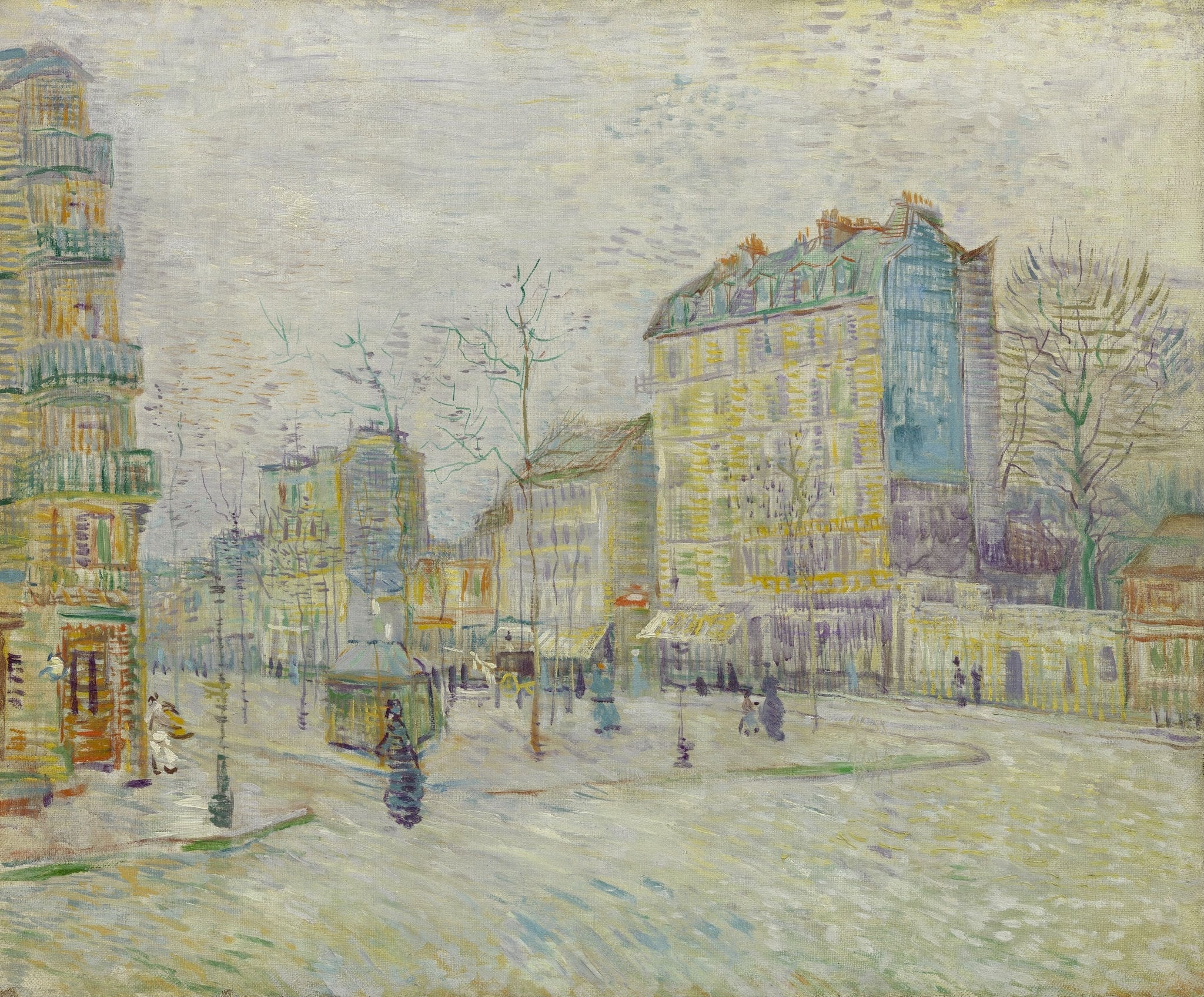 Click numbered symbols to learn about their meaning Boulevard de Clichy by Vincent van Gogh (1887) featuring Green kiosk, Curving boulevard/pavement, Leafless trees, Café/shop awnings with yellow flicker