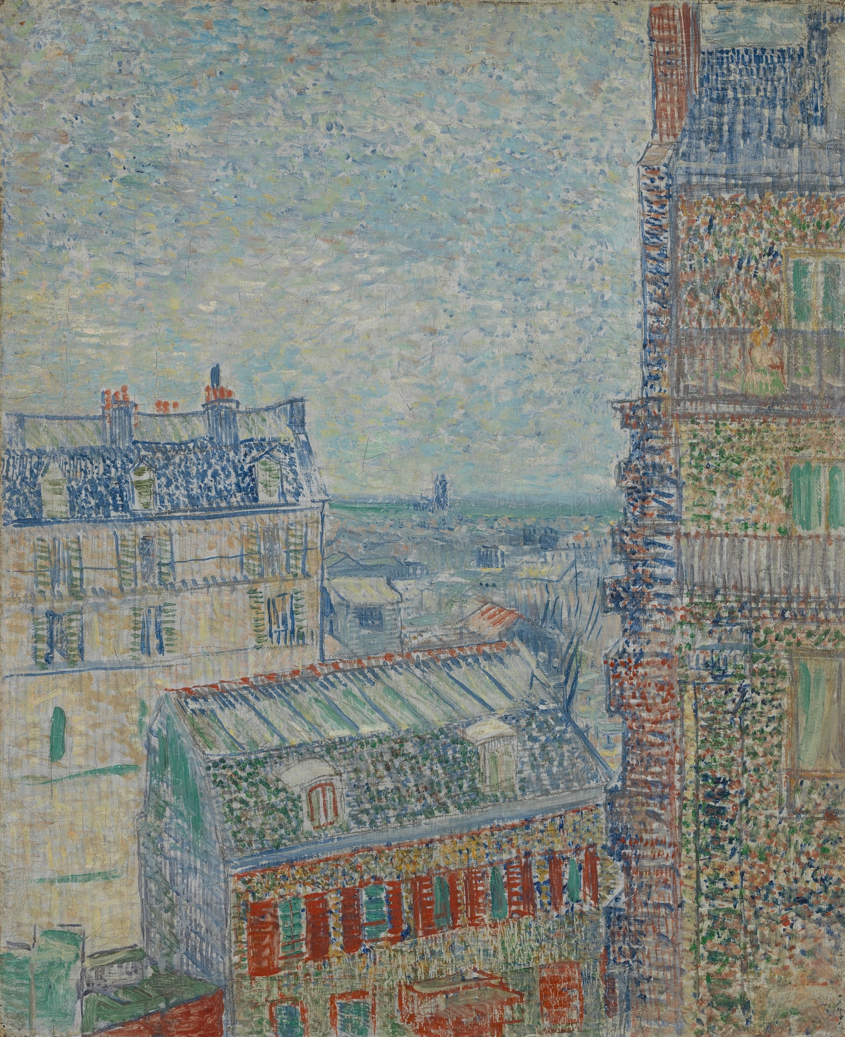 Click numbered symbols to learn about their meaning View from Theo's Apartment by Vincent van Gogh (1887) featuring Stippled, expansive sky, Chimney pots and stacks, Repeating windows and shutters, Ivy‑covered brick façade