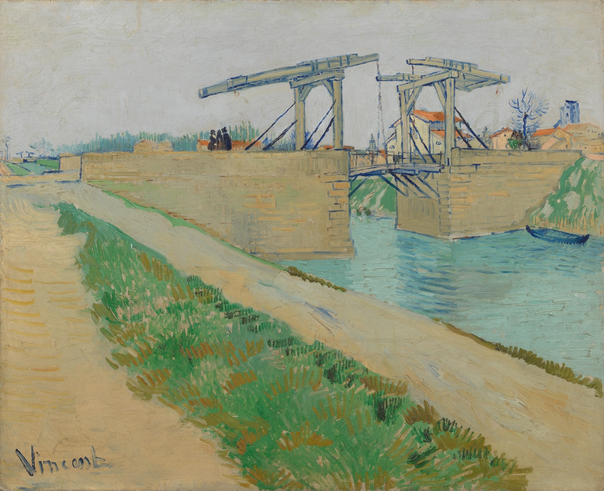 Click numbered symbols to learn about their meaning The Langlois Bridge by Vincent van Gogh (1888) featuring Firm blue contours, Drawbridge (lifting arms and chains), Diagonal towpath, Turquoise canal water