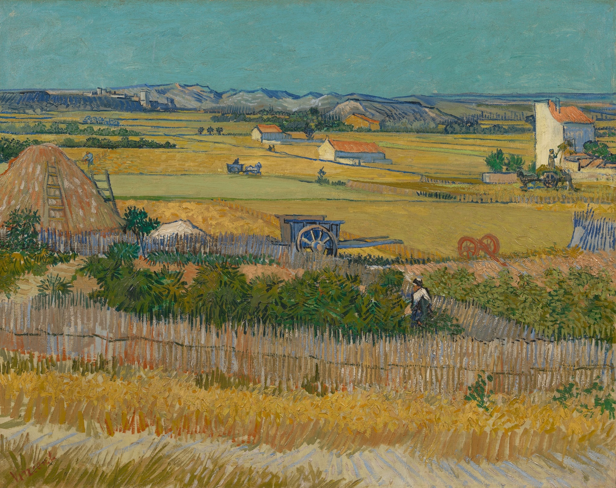 Click numbered symbols to learn about their meaning The Harvest by Vincent van Gogh (1888) featuring Carts and wheels (including red wheels), Ripe wheat, Reaper, Haystack with ladder