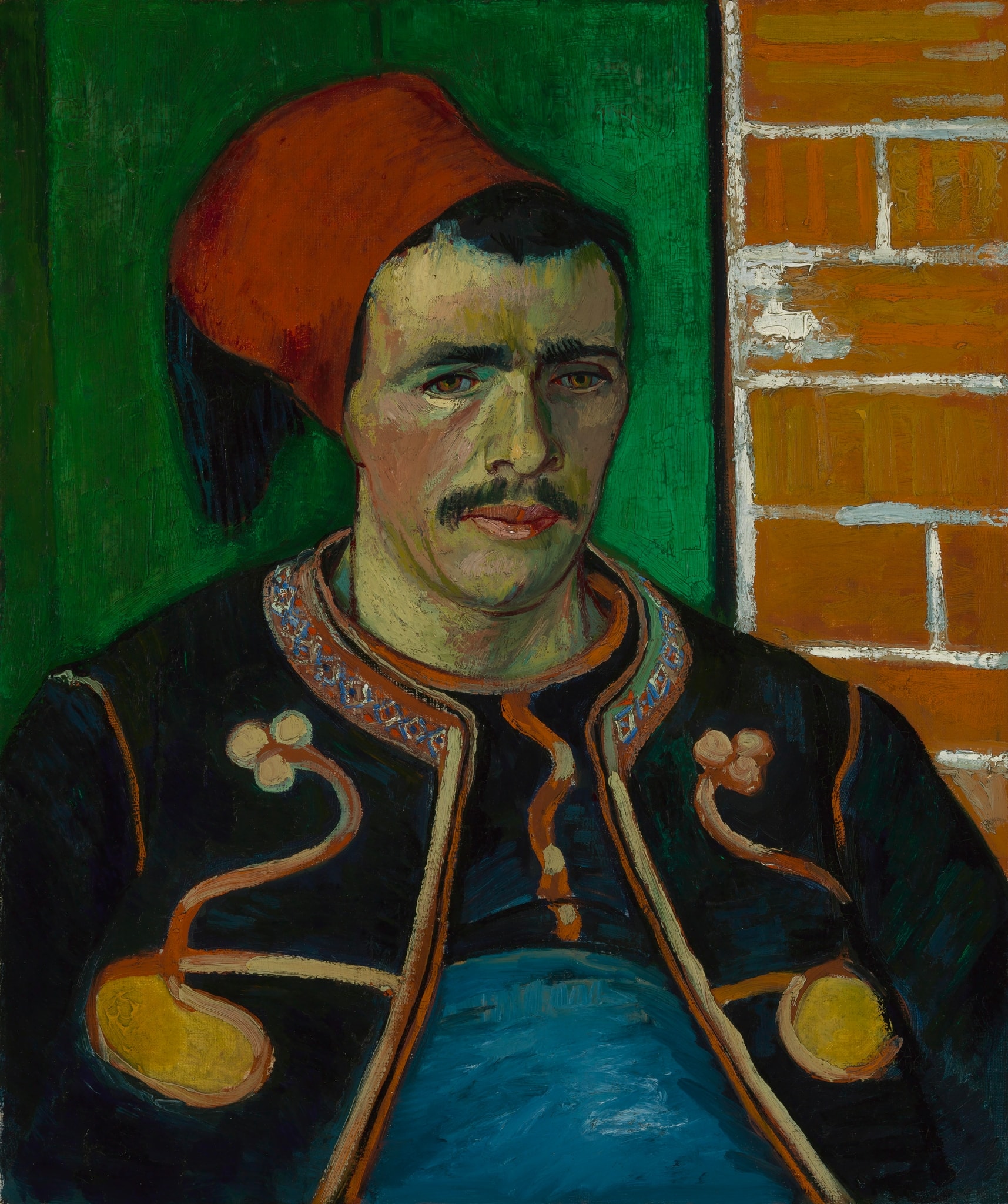 Click numbered symbols to learn about their meaning The Zouave by Vincent van Gogh (1888) featuring Orange brick wall, Red fez (with dark tassel), Blue tunic/torso field, Green door/plane