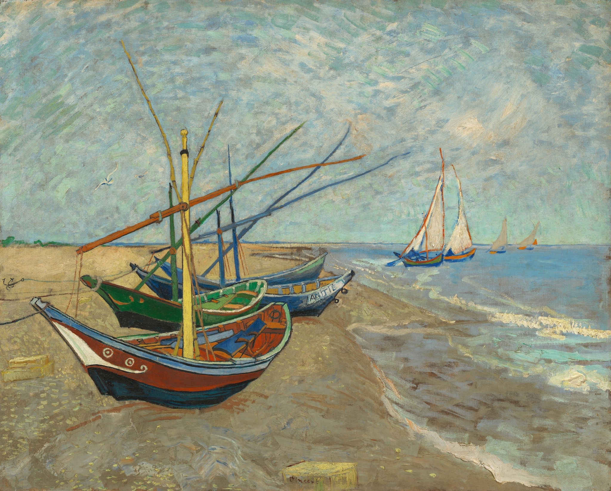 Click numbered symbols to learn about their meaning Fishing Boats on the Beach at Les Saintes-Maries-de-la-Mer by Vincent van Gogh (1888) featuring Distant lateen sails, Beached working boats, Black-blue contours, Taut rigging leaning seaward
