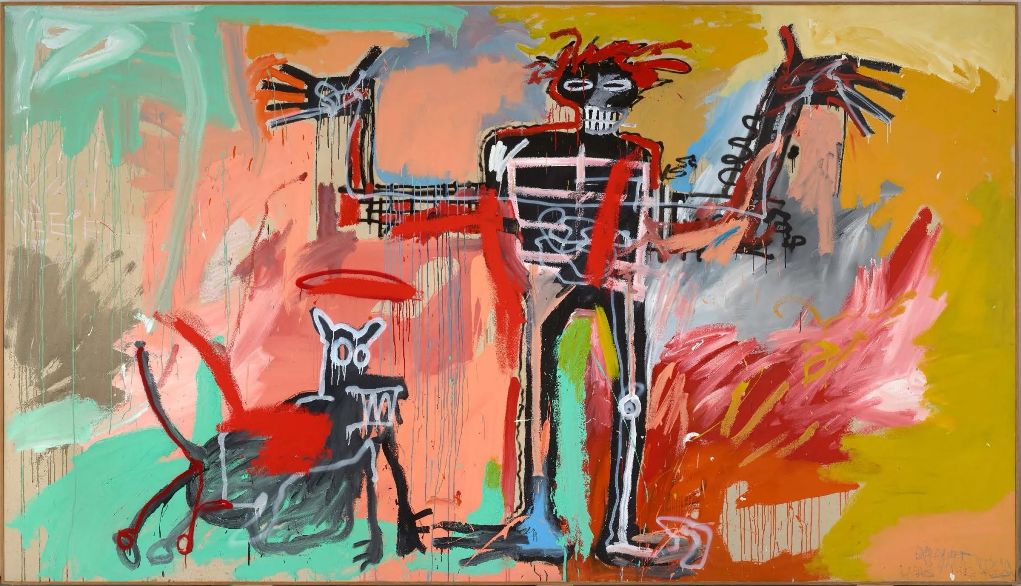 Click numbered symbols to learn about their meaning Boy and Dog in a Johnnypump by Jean-Michel Basquiat (1982) featuring Red arc (halo/johnnypump spray), Dog with bared teeth, X‑ray ribcage, Cruciform, arms‑flung pose