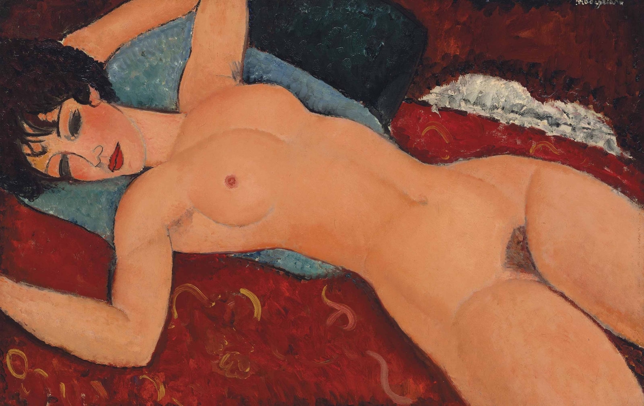 Click numbered symbols to learn about their meaning Nu couché by Amedeo Modigliani (1917) featuring Cool blue cushions, Diagonal reclining pose and continuous contour, Mask-like face with closed eyes and red lips, Crimson bedspread