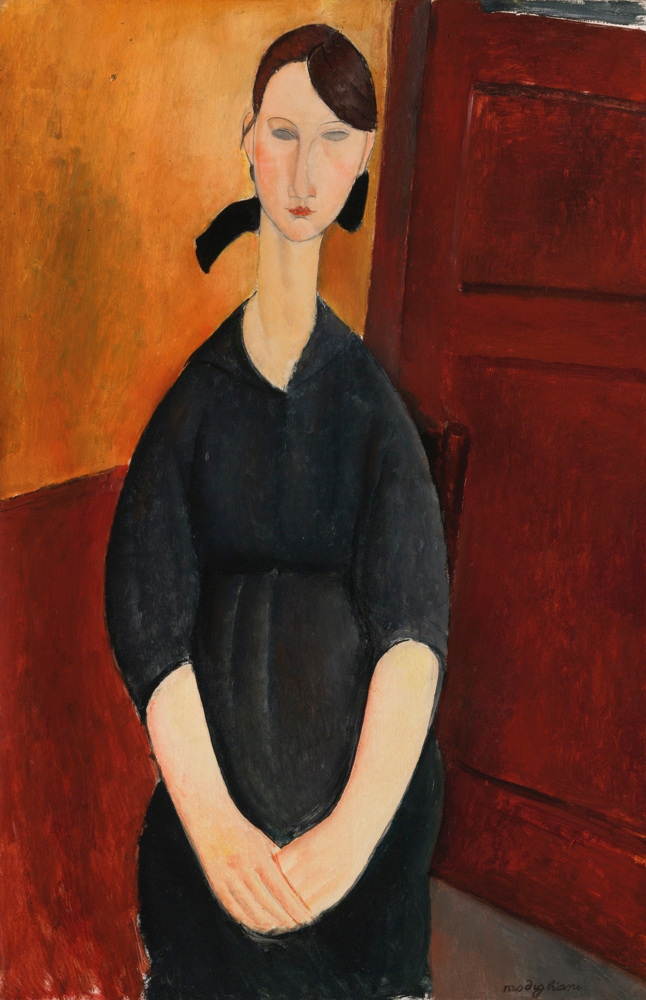 Click numbered symbols to learn about their meaning Portrait of Paulette Jourdain by Amedeo Modigliani (1919) featuring Elongated neck, Folded hands, Almond, pupilless eyes, Slightly ajar red door