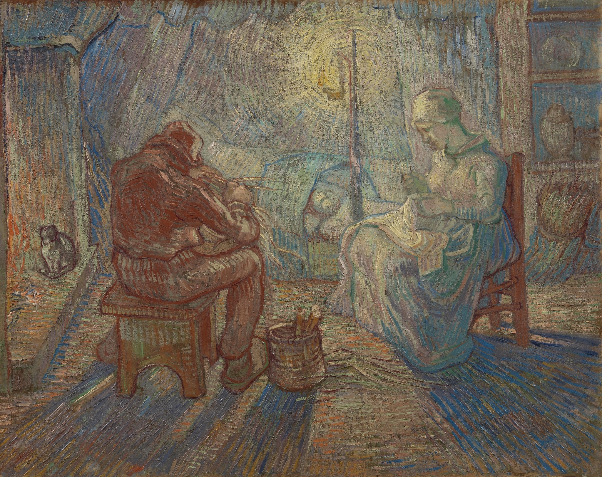Click numbered symbols to learn about their meaning Evening (after Millet) by Vincent van Gogh (1889) featuring Sewing work (needle and cloth), Hanging lamp and halo, Cradle with rocking pole and cord, Basketry tools and willow rods