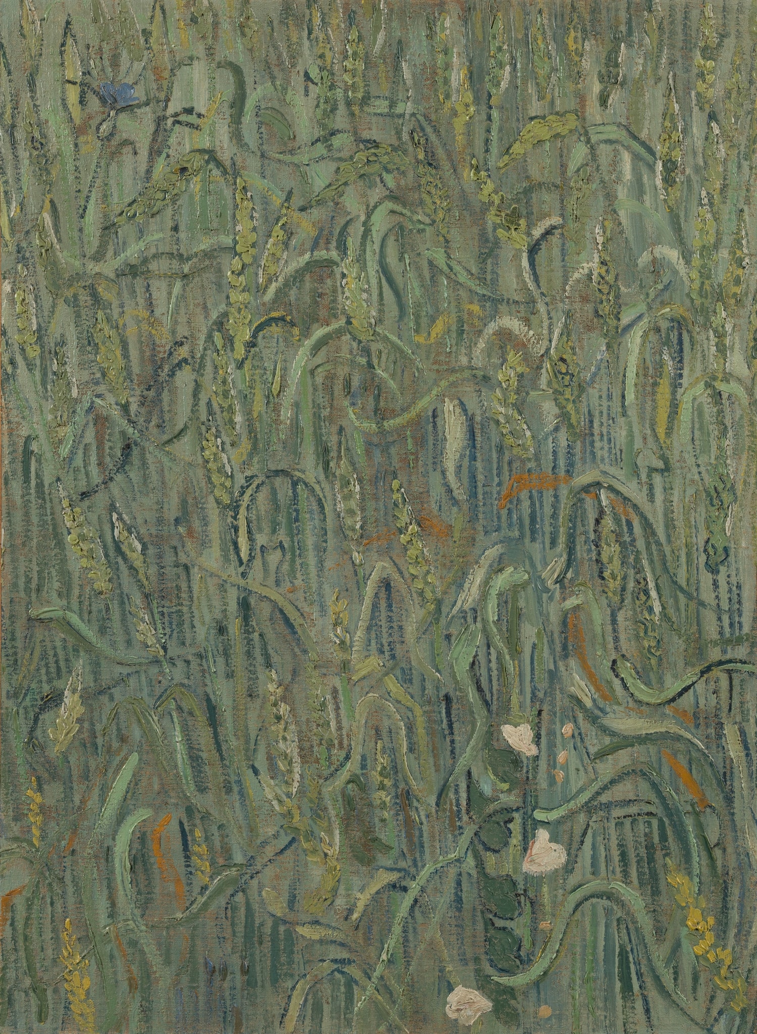 Click numbered symbols to learn about their meaning Ears of Wheat by Vincent van Gogh (1890) featuring Blue cornflower, Wheat ears (seed heads), Pale bindweed (convolvulus), Looping wheat leaves