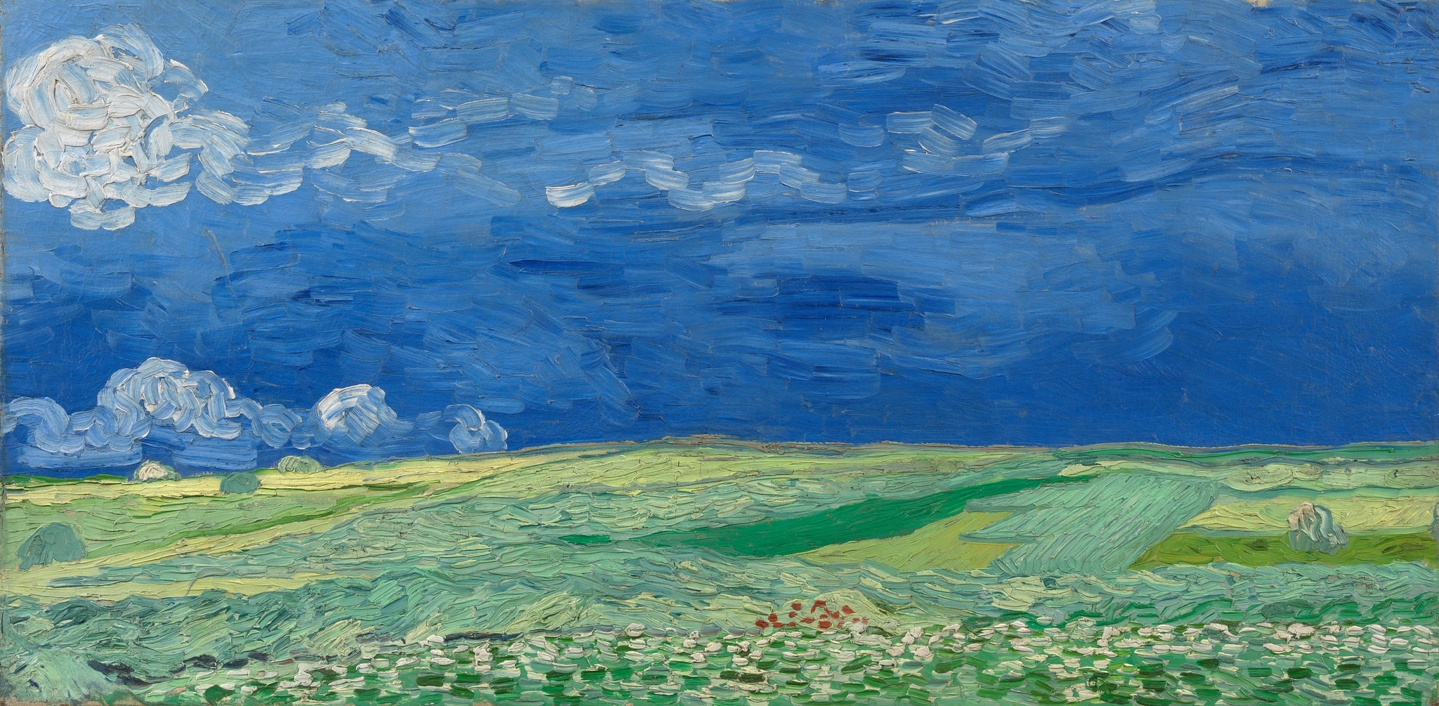 Click numbered symbols to learn about their meaning Wheatfield under Thunderclouds by Vincent van Gogh (1890) featuring Wheatfield/green field, Red poppies, Thunderclouded blue sky, Haystacks