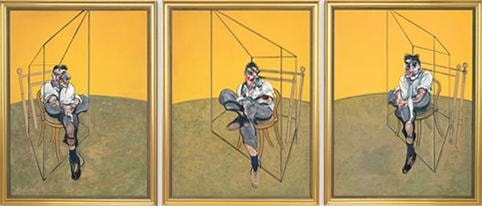 Click numbered symbols to learn about their meaning Three Studies of Lucian Freud by Francis Bacon (1969) featuring Geometric space-frame (cage), Cane-bottomed chair, Smeared, mask-like head, Crossed legs and upturned brogues (with navy socks)