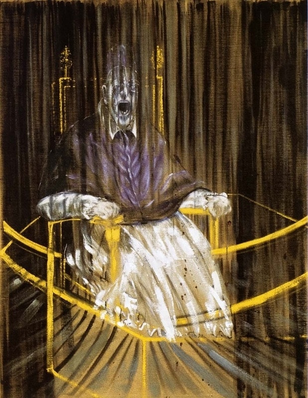 Click numbered symbols to learn about their meaning Study for Portrait of Pope Innocent X by Francis Bacon (1953) featuring Yellow space-frame (cage), Vertical veil/drips, Open mouth (silent scream), Throne and gripped armrests