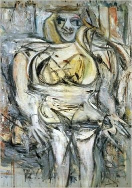 Click numbered symbols to learn about their meaning Woman III by Willem de Kooning (1952–53 (often dated 1953)) featuring Mask-like eyes, Toothy grin, Armored breasts, Jutting hips/pelvic triangle