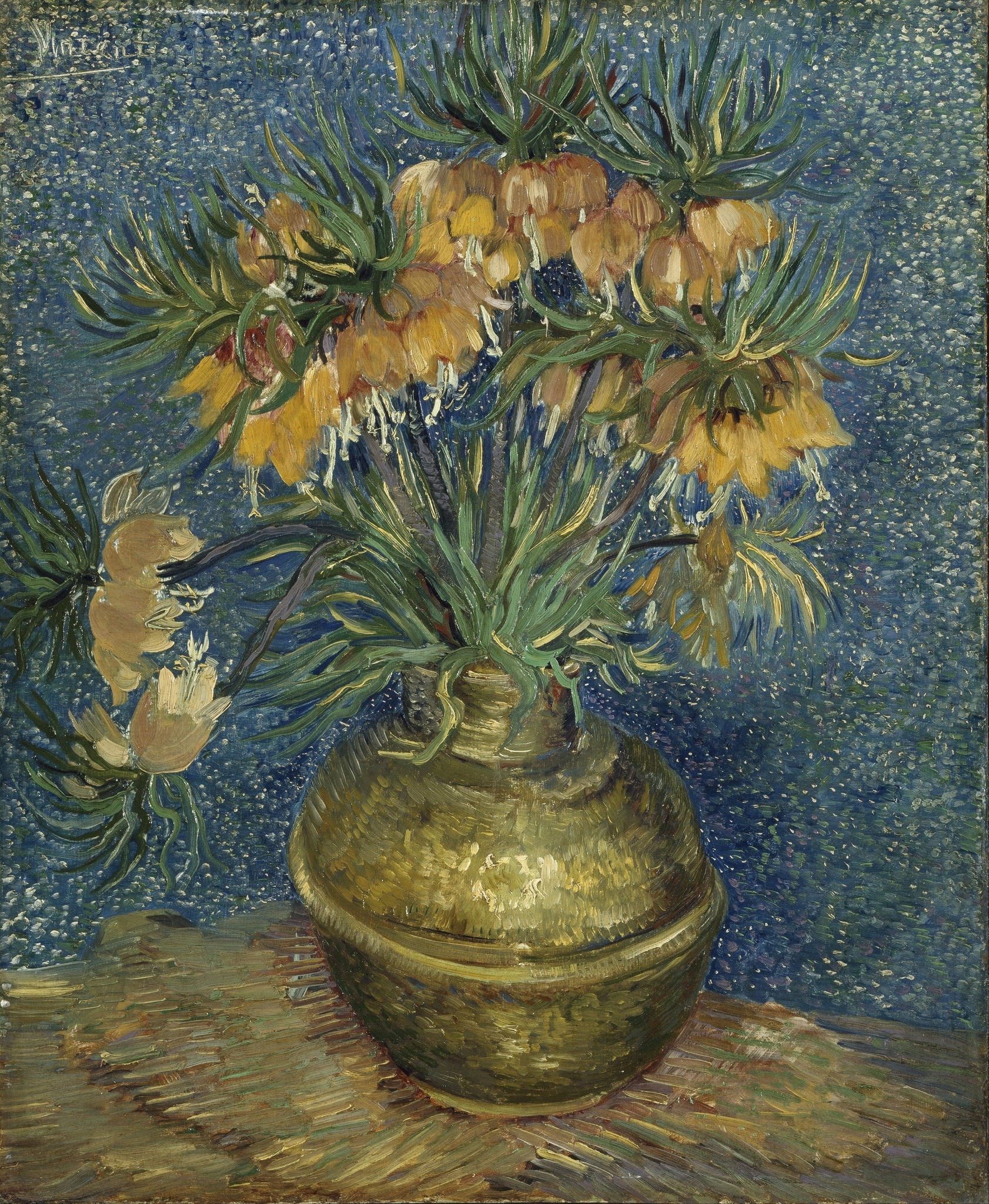 Click numbered symbols to learn about their meaning Imperial Fritillaries in a Copper Vase by Vincent van Gogh (1887) featuring Crown‑imperial flowers (Fritillaria imperialis), Copper vase, Stippled blue field, Blue–orange complement