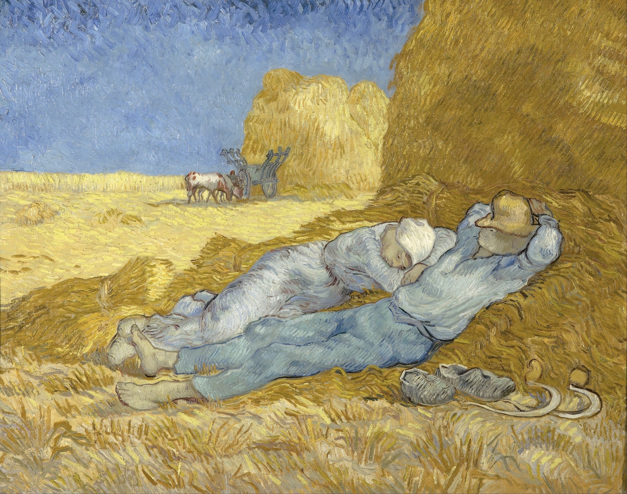 Click numbered symbols to learn about their meaning The Siesta by Vincent van Gogh (1889–1890) featuring Sleeping harvesters (paired bodies), Haystack as shelter, Scythes, Discarded shoes