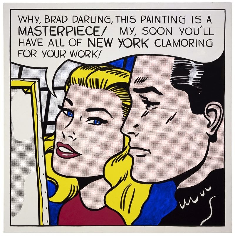 Click numbered symbols to learn about their meaning Masterpiece by Roy Lichtenstein (1962) featuring Speech balloon, Ben-Day dots, Thick black contour lines, Cropped canvas edge/yellow stretcher bar