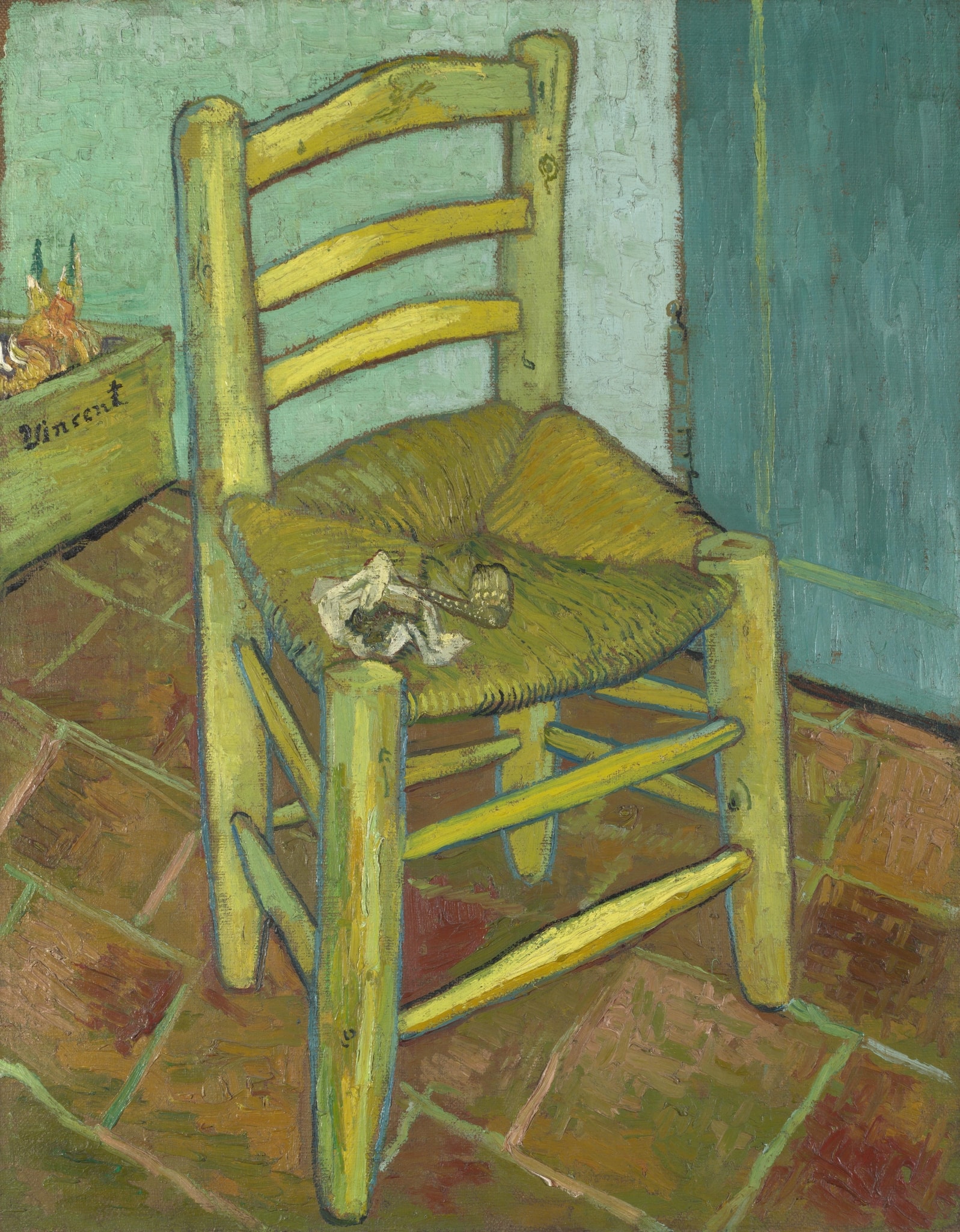 Click numbered symbols to learn about their meaning Van Gogh's Chair by Vincent van Gogh (1888; reworked January 1889) featuring Yellow rush-seated chair, Pipe and tobacco pouch, Crate labeled “Vincent”, Sprouting onions