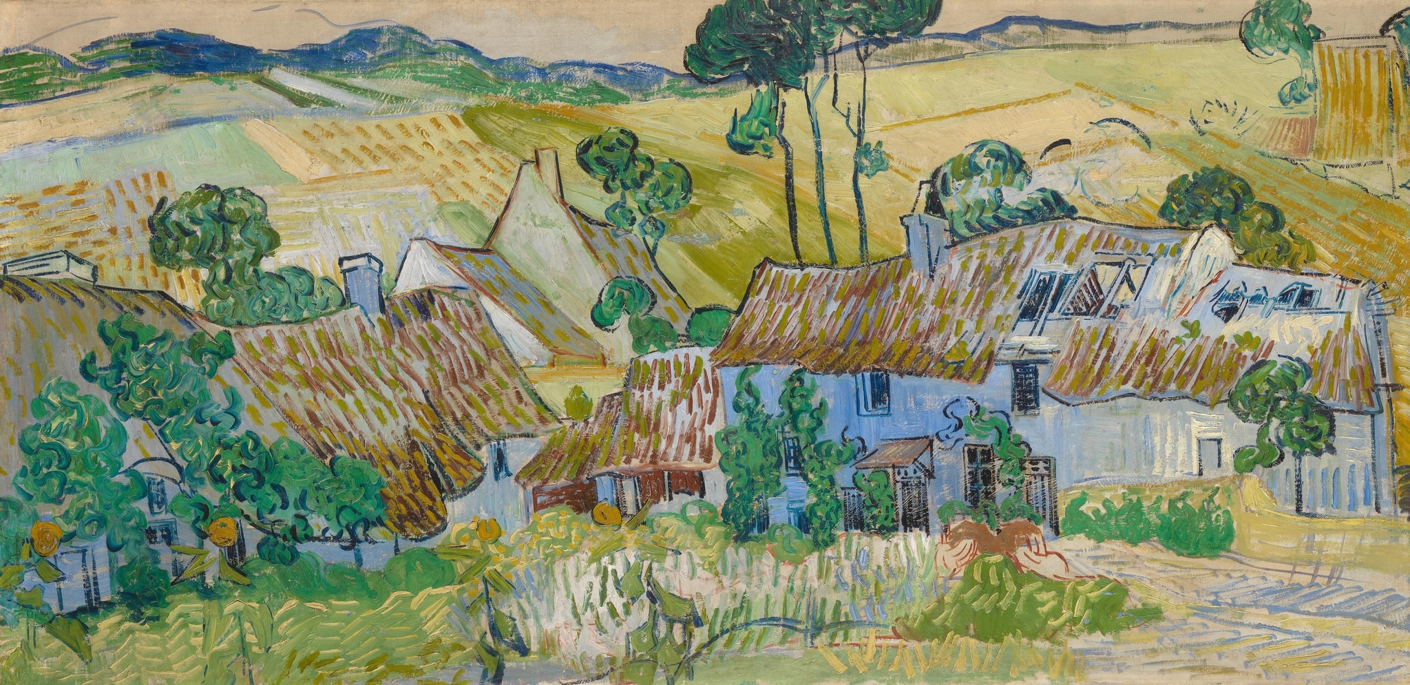 Click numbered symbols to learn about their meaning Farms near Auvers by Vincent van Gogh (1890) featuring Thatched roofs, Blue‑white cottage walls, Wheat fields and tilled plots, Tall wind‑bent trees
