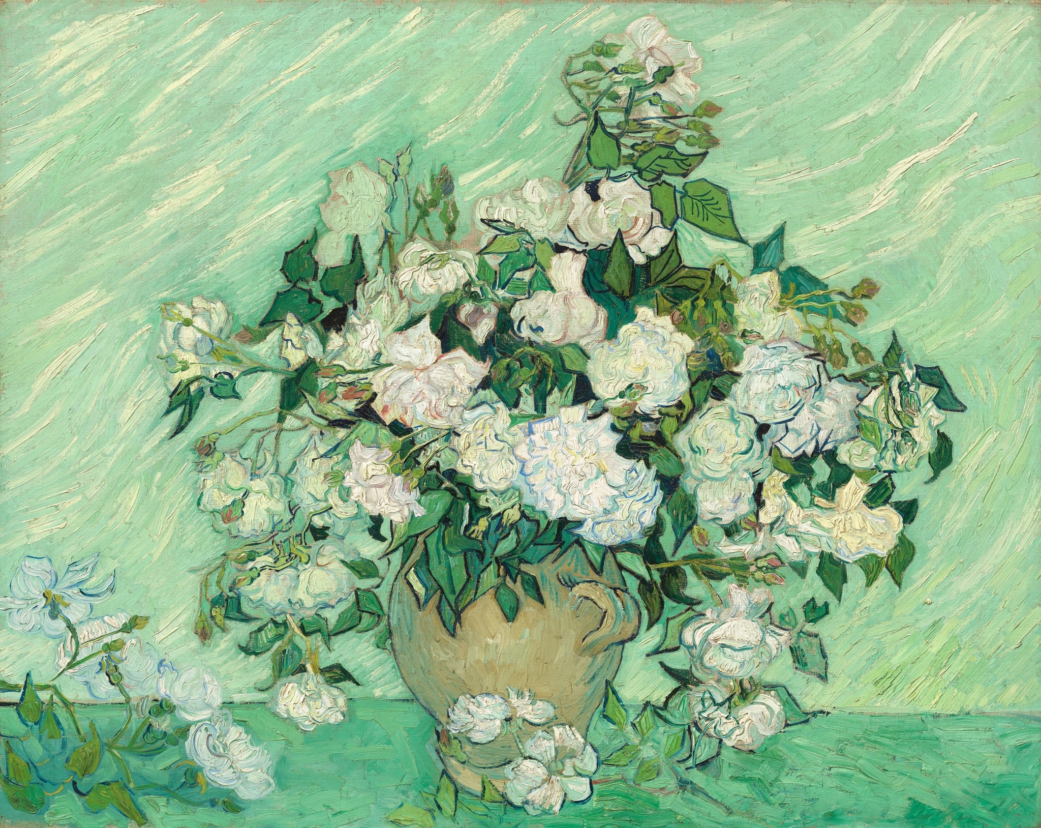 Click numbered symbols to learn about their meaning Roses by Vincent van Gogh (1890) featuring White roses in bloom, Fallen blossoms and stems, Earthen vase, Swirling mint‑green field