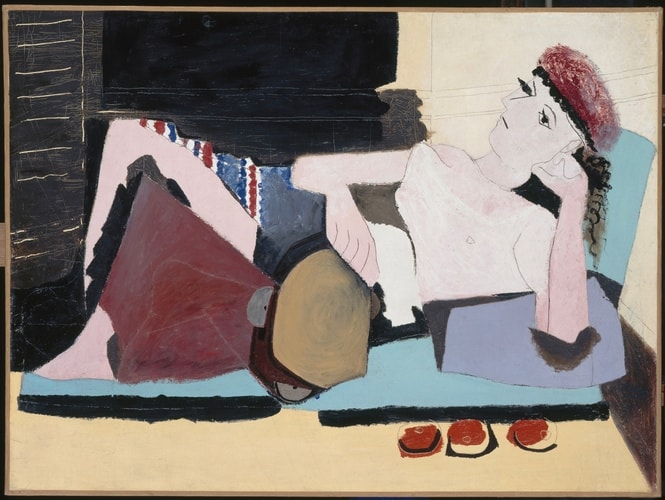 Click numbered symbols to learn about their meaning Femme au tambourin by Pablo Picasso (1925) featuring Tambourine (tympanum), Three fruits, Red headdress/beret, Cushions