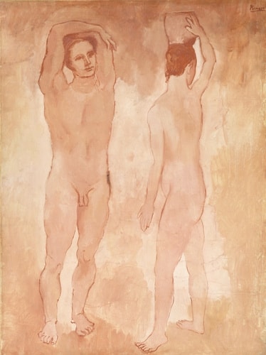 Click numbered symbols to learn about their meaning Les Adolescents by Pablo Picasso (1906) featuring Pitcher/Vessel, Raised-Arms Frontal Pose, Twinning/Duality of Two Figures, Bare Feet on a Shallow Plane