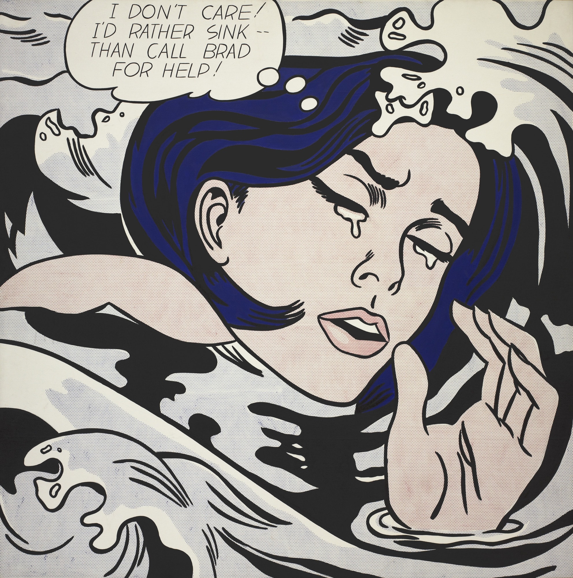 Click numbered symbols to learn about their meaning Drowning Girl by Roy Lichtenstein (1963) featuring Engulfing waves/foam, Teardrop, Splayed hand with ripple