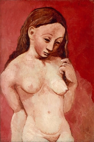 Click numbered symbols to learn about their meaning Nu sur fond rouge by Pablo Picasso (1906) featuring Mask-like face and eyes, Uniform red field, Self-touching gesture, Rounded sculptural planes