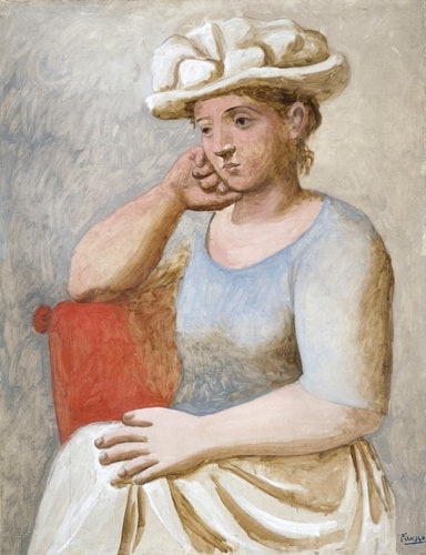 Click numbered symbols to learn about their meaning Femme au chapeau blanc by Pablo Picasso (1921) featuring White hat, Red cushion, Cheek-in-hand pose, Chalky whites and pale blues