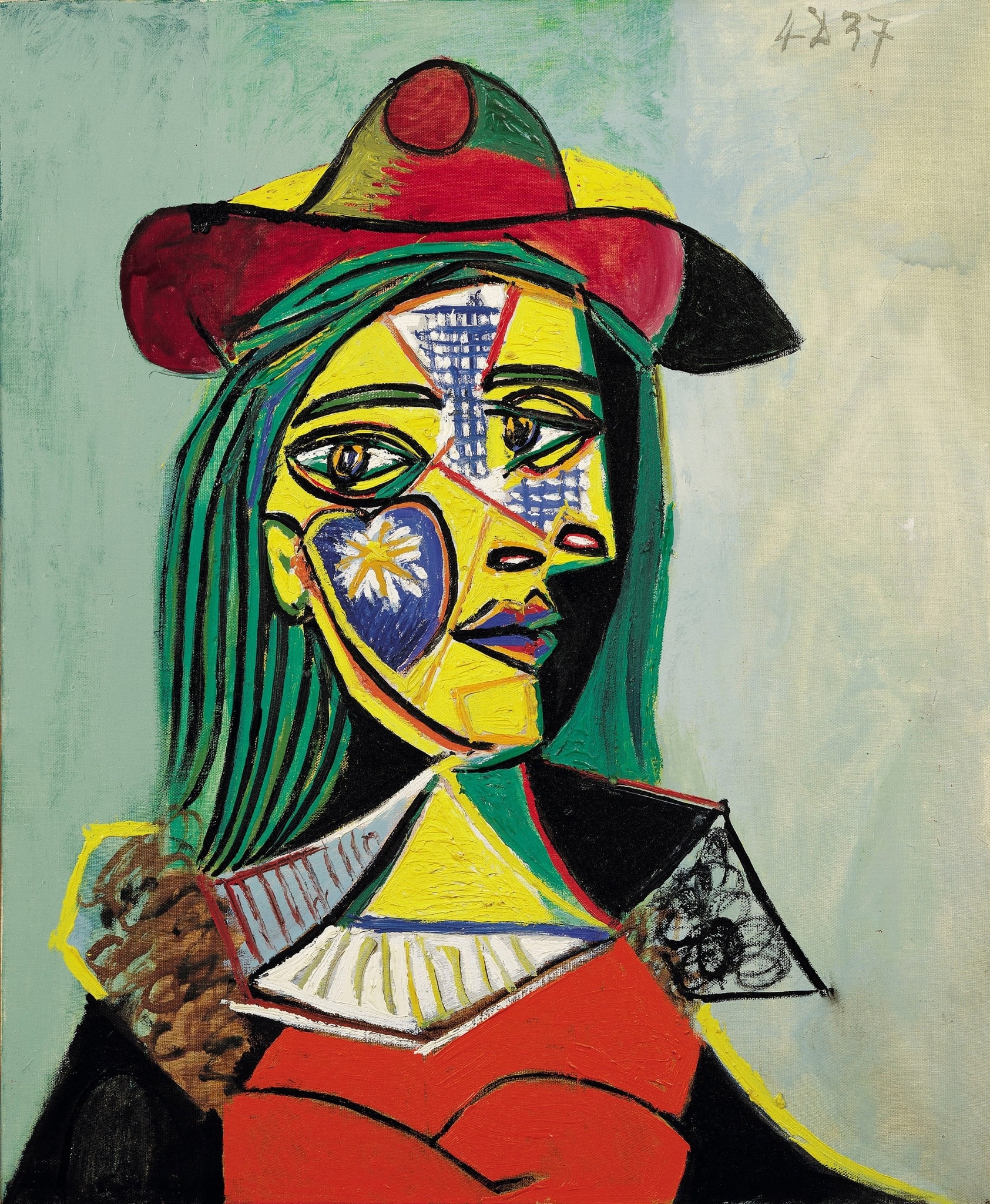 Click numbered symbols to learn about their meaning Woman in Hat and Fur Collar (Marie-Thérèse Walter) by Pablo Picasso (1937) featuring Split visage (profile + frontal eye), Red hat, Fur collar, Green hair