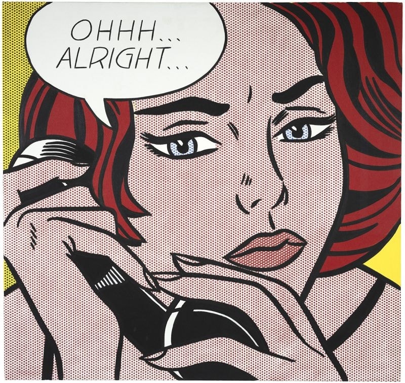 Click numbered symbols to learn about their meaning Ohhh...Alright... by Roy Lichtenstein (1964) featuring Speech balloon with “OHHH… ALRIGHT…”, Telephone handset, Ben-Day dots, Heavy black contour lines and tight crop