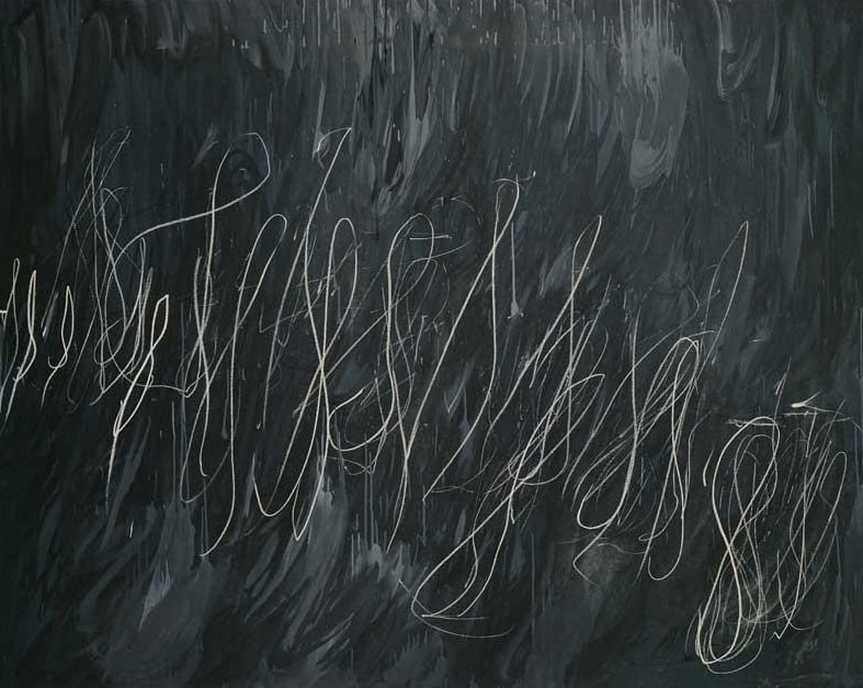 Click numbered symbols to learn about their meaning Untitled (New York City) by Cy Twombly (1968) featuring Looped cursive line (pseudo‑writing), Vertical drips/streaks, Slate ‘blackboard’ ground, Compressed knots/tangles
