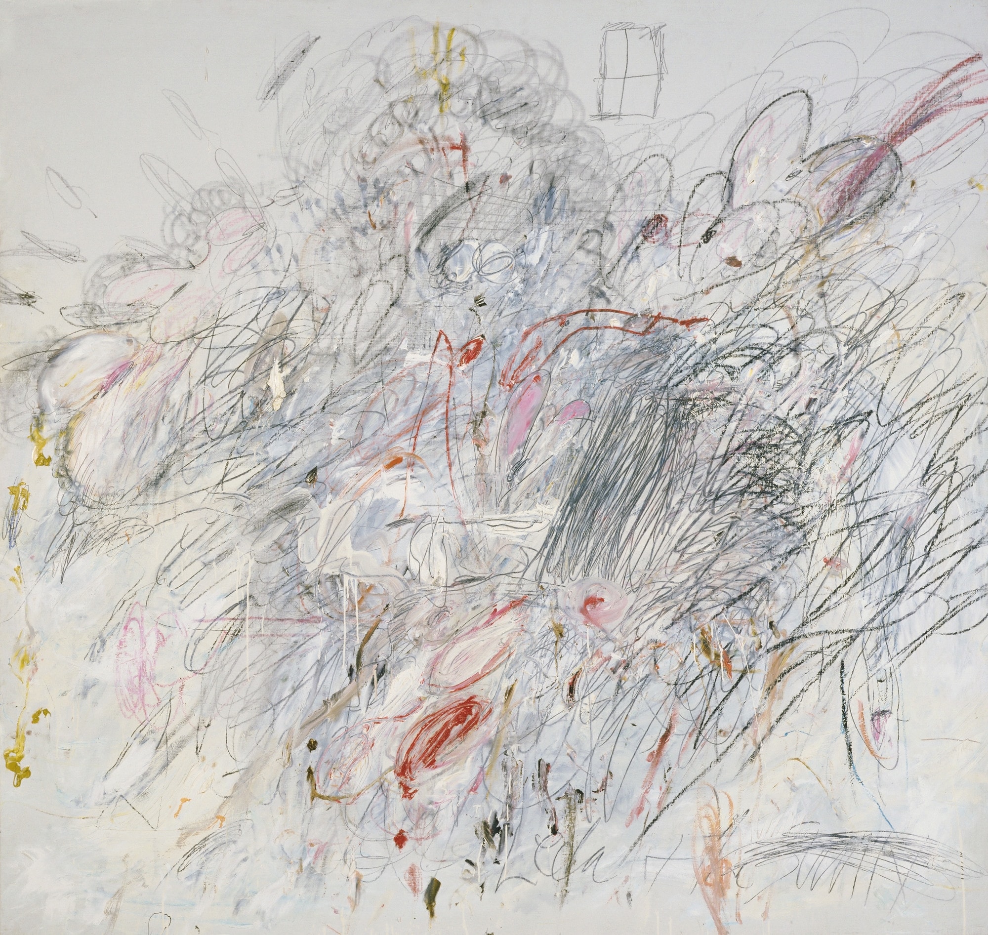 Click numbered symbols to learn about their meaning Leda and the Swan by Cy Twombly (1962) featuring Window-like rectangle, Trident-like mark, Central vortex (knotted hatching), Red wound/oval