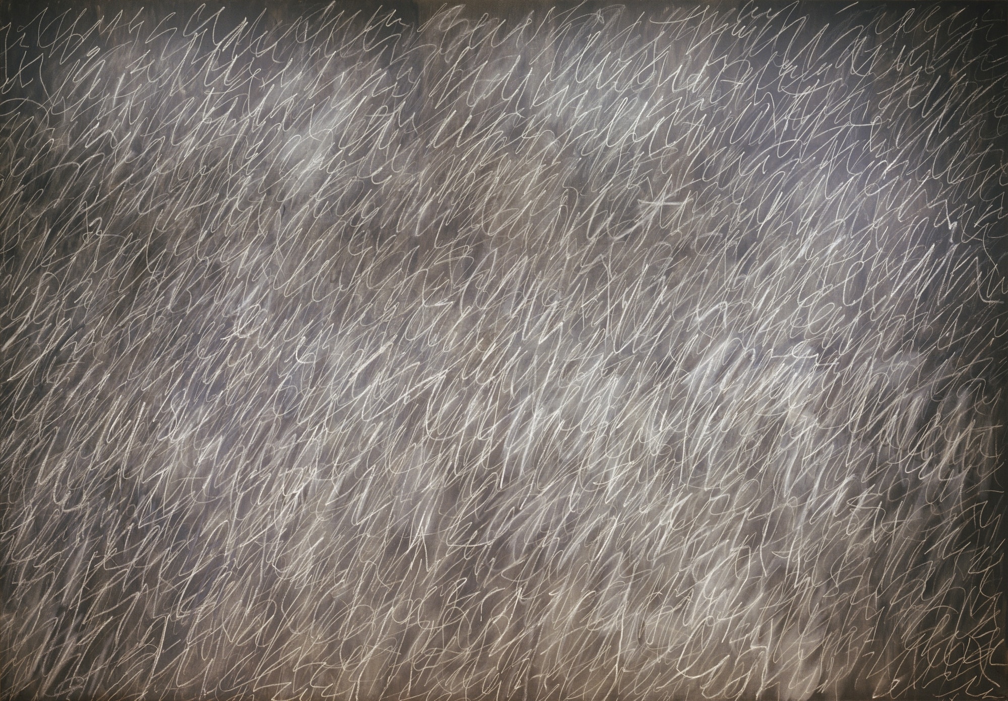 Click numbered symbols to learn about their meaning Blackboard by Cy Twombly (1968) featuring Looping cursive ‘e’/elliptical strokes, Diagonal left-to-right slant, Chalk‑dust haze/erasure bloom, Slate-gray ‘blackboard’ ground