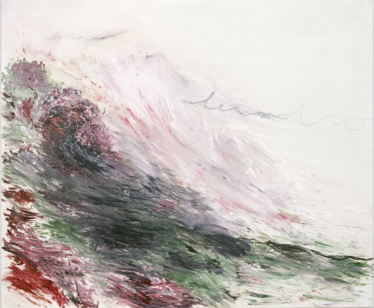 Click numbered symbols to learn about their meaning Hero and Leandro by Cy Twombly (1985) featuring Diagonal impasto wave, Handwritten name “leandro”, Vast white field, Red blooms and stains