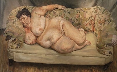 Click numbered symbols to learn about their meaning Benefits Supervisor Sleeping by Lucian Freud (1995) featuring Worn floral sofa, Pressure points/indentations, Sleeping posture, Monumental torso