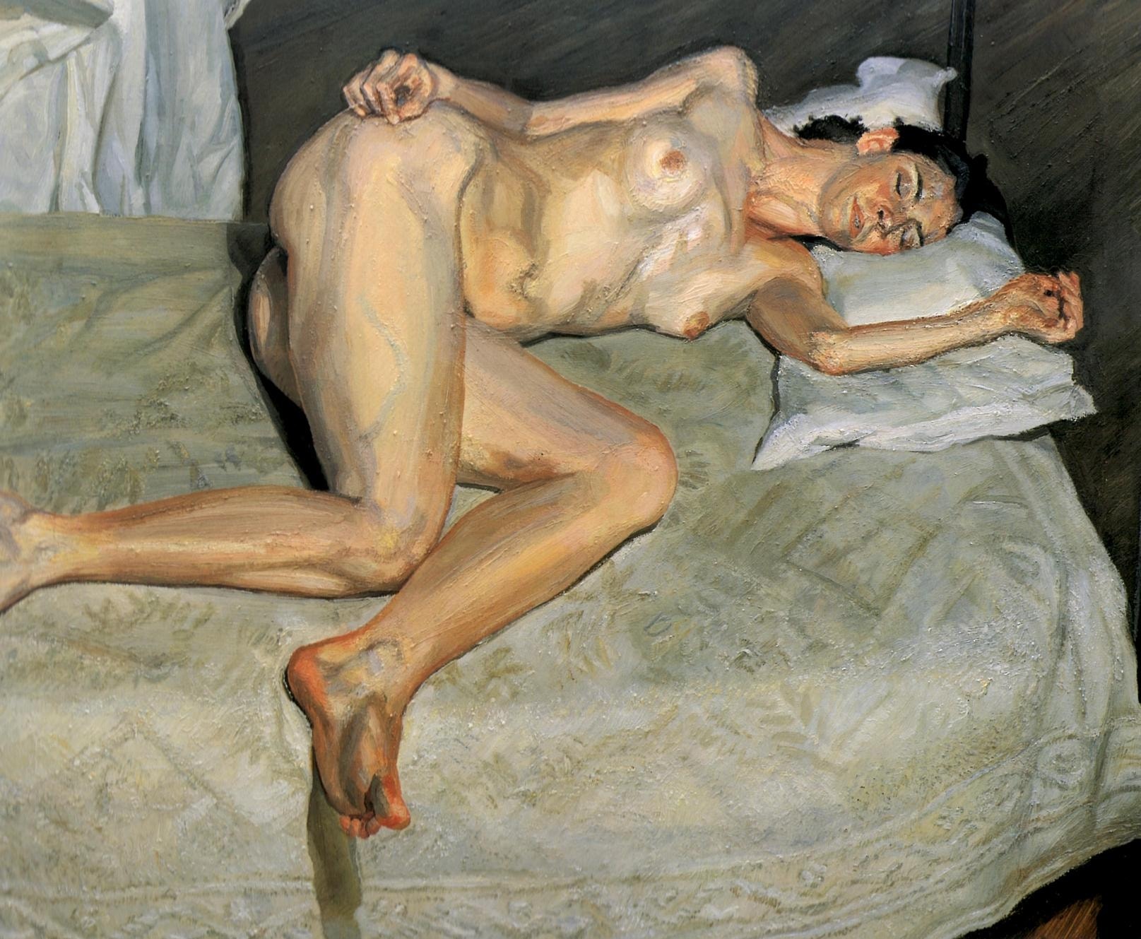 Click numbered symbols to learn about their meaning Portrait on a White Cover by Lucian Freud (2002–2003) featuring White cover (bed sheet), Diagonal bed edge, Clenched left hand, Twisted feet and taut tendons